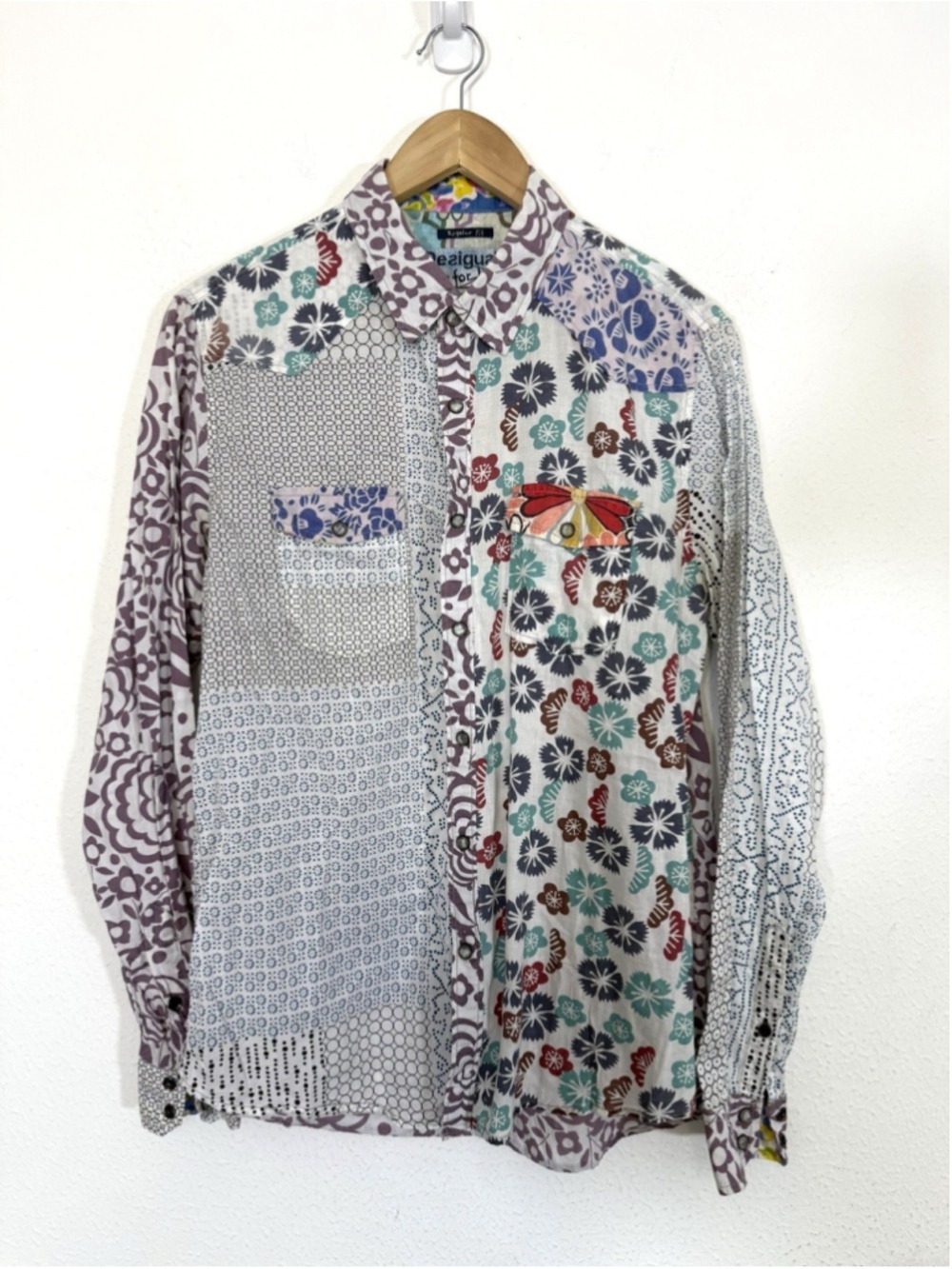 Desigual Patchwork Boho Pearl Snap Shirt M Women Floral Cotton Western Hippie